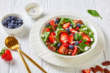 berry spinach salad with nuts and crumbled feta