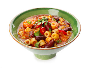 Bowl with tasty pasta and beans on white background