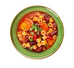 Bowl with tasty pasta and beans on white background