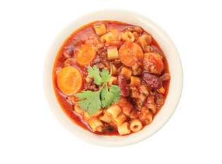 Bowl with tasty pasta and beans on white background