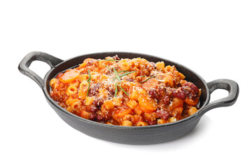Dish with tasty pasta and beans on white background