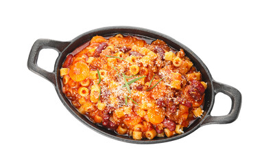 Dish with tasty pasta and beans on white background