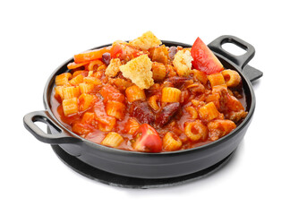 Dish with tasty pasta and beans on white background