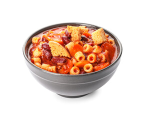 Bowl with tasty pasta and beans on white background