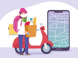 safe delivery at home during coronavirus covid-19, courier man with grocery bag scooter and smartphone