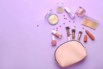 Fototapeta premium Set of decorative cosmetics and accessories on color background