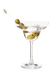 Glass of tasty martini cocktail on white background