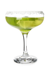 Glass of tasty martini cocktail on white background