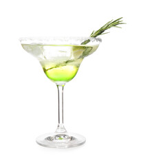 Glass of tasty martini cocktail on white background