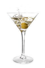 Glass of tasty martini cocktail with splashes on white background