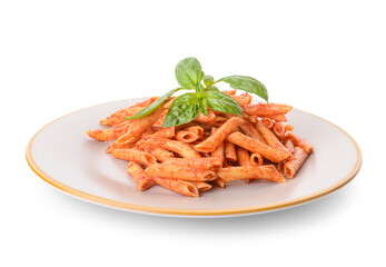 Plate with tasty pasta and tomato sauce on white background