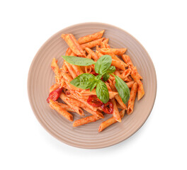 Plate with tasty pasta and tomato sauce on white background