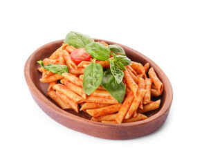 Plate with tasty pasta and tomato sauce on white background