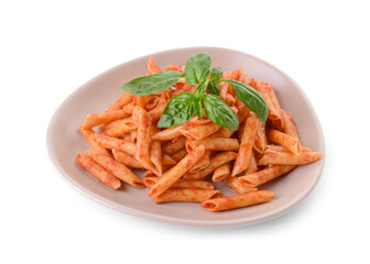 Plate with tasty pasta and tomato sauce on white background