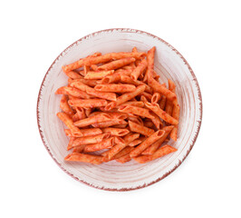 Plate with tasty pasta and tomato sauce on white background