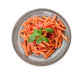 Plate with tasty pasta and tomato sauce on white background