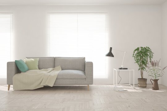 White living room with sofa. Scandinavian interior design. 3D illustration