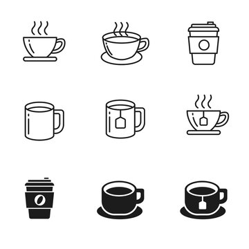 Coffee and tea icons collection draw in outline and black design isolated on white background. Simple cup of coffee and tea vector illustration 