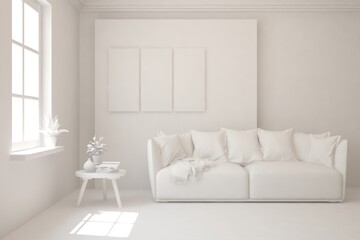 White minimalist living room with sofa. Scandinavian interior design. 3D illustration