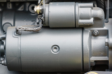 Diesel engine close up, starter detail