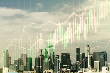 Plakat Abstract virtual financial graph hologram on Los Angeles cityscape background, financial and trading concept. Multiexposure