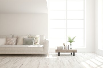 White living room with sofa. Scandinavian interior design. 3D illustration