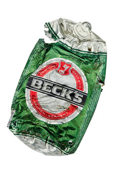 Crushed Can of Beck's Beer, Becks is a German beer brewed in Bremen since 1873 -  09 January 2013,  London, England