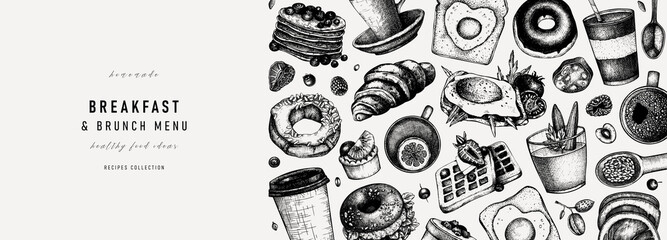 Breakfast banner design. Morning food and hot drinks menu vector template. Breakfast and brunch dishes background. Vintage hand-drawn food sketches. 