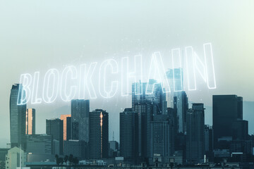 Double exposure of abstract virtual blockchain technology hologram on Los Angeles city skyscrapers background. Research and development decentralization software concept