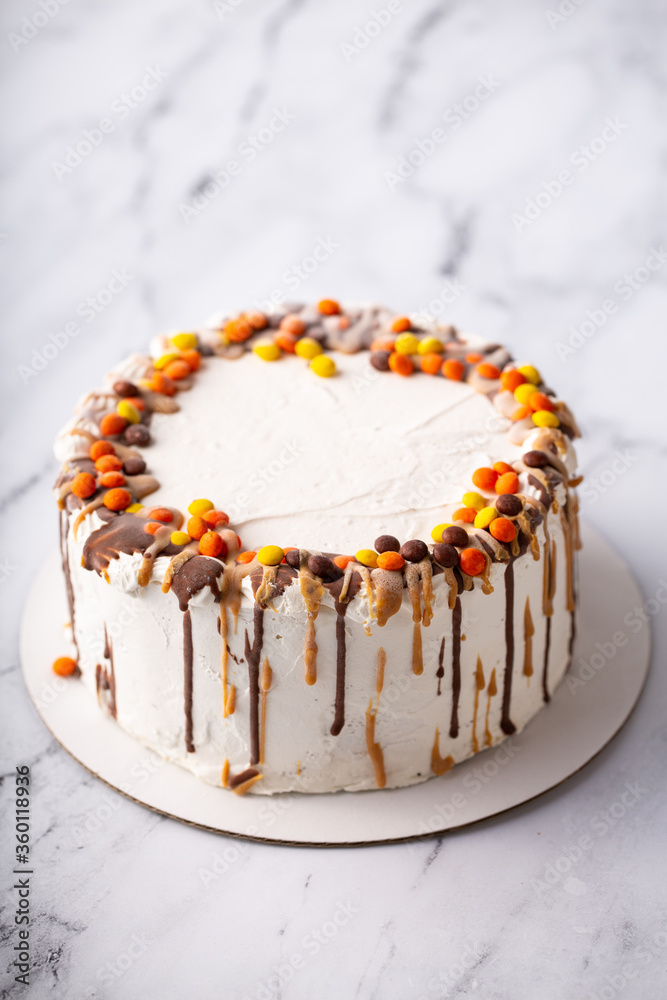 Sticker peanut butter and chocolate ice cream cake decorated with candy