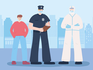 thank you essential workers, policeman and doctor wearing face masks and boy, coronavirus covid 19 disease