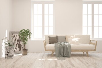 White living room with sofa. Scandinavian interior design. 3D illustration
