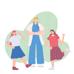 thank you essential workers, female physician with happy girls, wearing face mask, coronavirus covid 19 disease