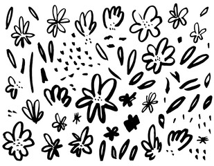 Hand drawn black ink flower set. Grunge dry paint rough brush strokes. Monochrome floral elements