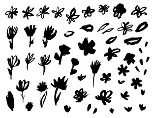 Hand drawn black ink flower set. Grunge dry paint rough brush strokes. Monochrome floral elements