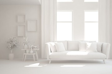 White minimalist living room with sofa. Scandinavian interior design. 3D illustration