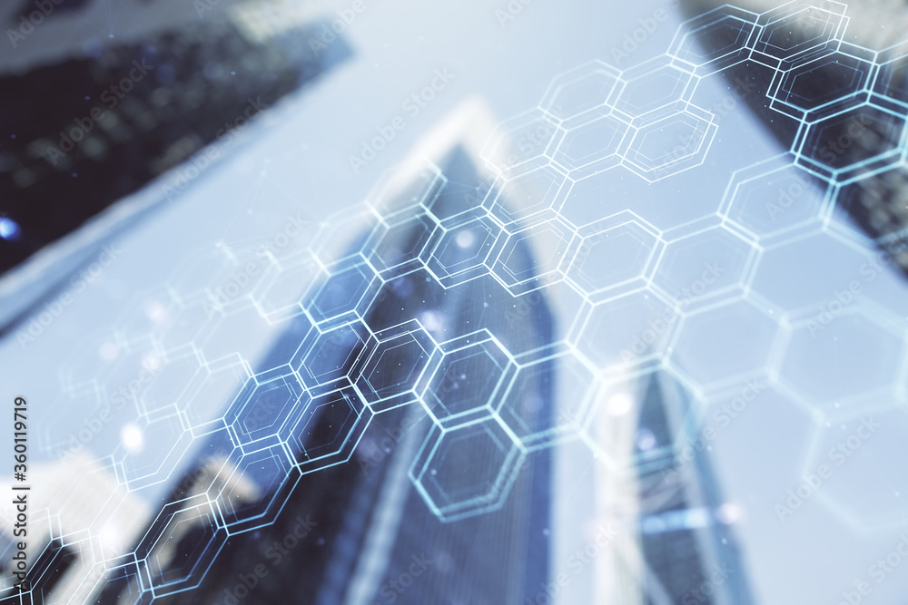 Poster double exposure of abstract virtual technology hologram with hexagon on modern skyscrapers backgroun