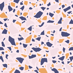 Terrazzo flooring texture. Polished pebble stone tile. Abstract blue and orange color seamless pattern, vector background. 