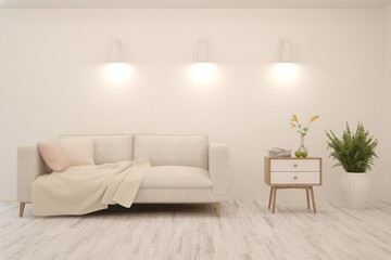 White living room with sofa. Scandinavian interior design. 3D illustration