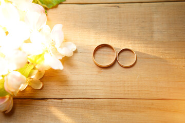 Two gold rings on a wooden background with white Apple blossoms. Wedding in eco-style, rustic. Couple in love, ceremony and registration, details, bride's fees, groom's morning. Space for text. flatly