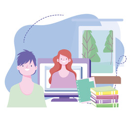 online training, teacher explaining lesson computer books, courses knowledge development using internet