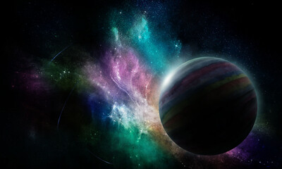 Fototapeta na wymiar abstract space illustration, planet and the magic shine of bright stars in the nebula, background