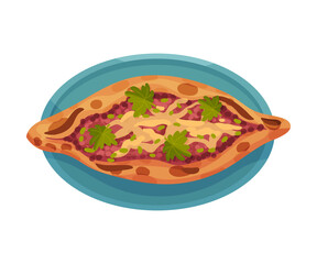 Turkish Pie Pide Rested on Plate Top View Vector Illustration