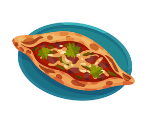 Turkish Pie Pide Rested on Plate Top View Vector Illustration