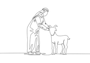Fototapeta na wymiar One continuous line drawing of young happy muslim holding a goat. Muslim holiday the sacrifice a sheep or goat to God, Eid al Adha greeting card concept single line draw design illustration