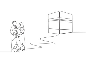 Single continuous line drawing of muslim and muslimah pilgrim walk to holy place Kaabah at Mecca, Saudi Arabia. Muslim holiday, Eid al Adha greeting card concept one line draw design illustration