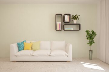 White living room with sofa. Scandinavian interior design. 3D illustration
