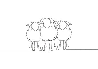 Single continuous line drawing of three sheeps lining up. Muslim holiday the sacrifice an animal to God, Eid al Adha greeting card concept one line draw design illustration