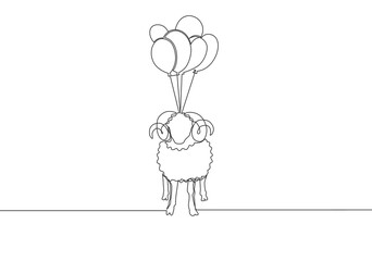 One single line drawing of sheep fly to the sky with balloons. Muslim holiday the sacrifice an animal to. God, Eid ul Adha greeting card concept continuous line draw design illustration
