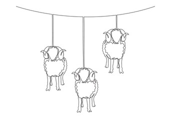 One continuous line drawing of sheeps hanging on rope like the lantern lamps. Muslim holiday the sacrifice an animal, Eid al Adha greeting card concept single line draw design illustration